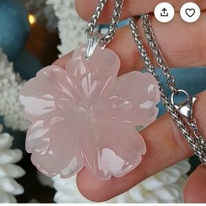 Natural Carved Rose Quartz Flower cherry blossom, Stainless Steel Chain 16”